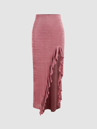 Ruffle Hem Split Mid Waist Maxi Skirt