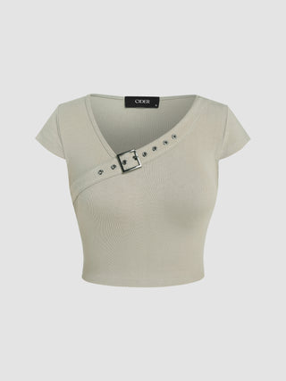 V-neck Buckle Detail Short Sleeve Tee