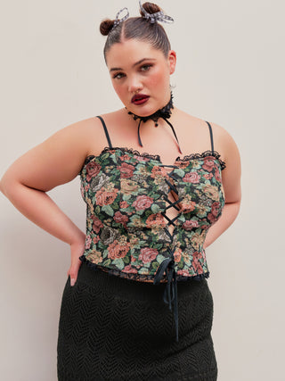 Jacquard Floral Lace Trim Crop Top Curve & Plus