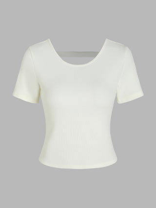 Cut Out Round Neckline Knit Short Sleeve Top