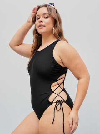 Cut Out Lace Up Side One Piece Swimsuit Curve & Plus