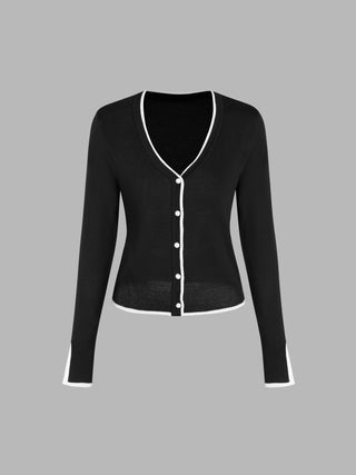 V-neck Solid Button Long Sleeve Cardigan