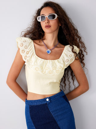 Floral Ruffle Hem Hollow Out Crop Top