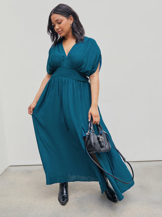 V-neck Smocked Ruffle Split Maxi Dress Curve & Plus