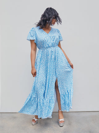 Floral V-neck Lace Up Ruffle Split Maxi Dress Curve & Plus