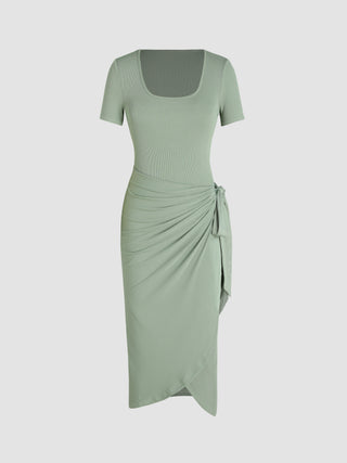 Wrap Ruched Knotted Midi Dress