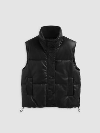 Faux Leather Stand Collar Drawstring Puffer Vest