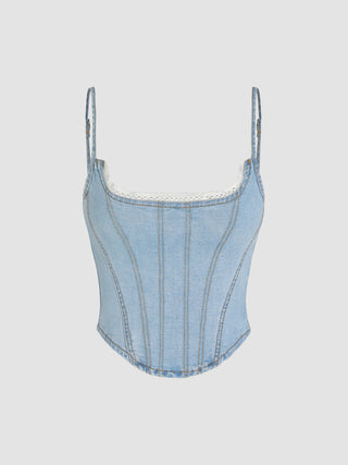 Denim Lace Trim Shirred Crop Top