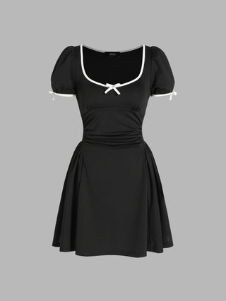 Square Neck Bow Ruched Mini Dress