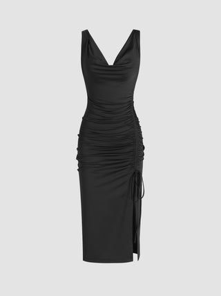 V-neck Ruched Drawstring Midi Dress