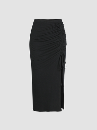 Solid Drawstring Split Maxi Skirt Curve & Plus