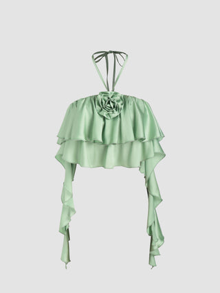 Satin Halter Rosette Layered Ruffle Crop Top