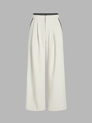 High Waist Contrasting Binding Pleated Wide Leg Trousers