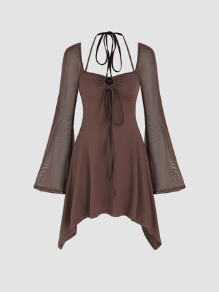 Halter Ruffle O-ring Long Sleeve Mini Dress