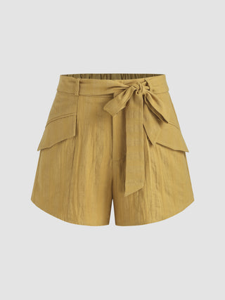 Linen-blend Solid Mid Waist Straight Leg Shorts With Belt