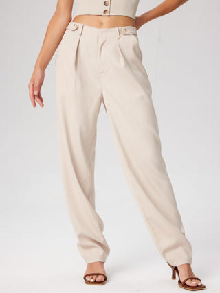 Mid Waist Pleated Button Tapered Trousers