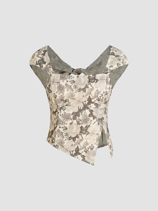 Jacquard Asymmetrical Split Cut Out Short Sleeve Top