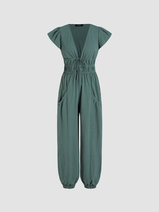 V-neck Solid Bowknot Jogger Jumpsuit