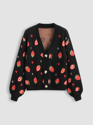 V-neck Strawberry Button Cardigan