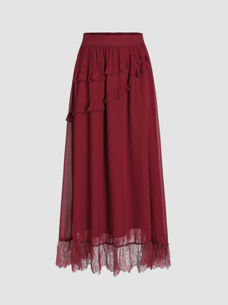 Mesh High Waist Solid Lace Maxi Skirt