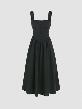 Square Neck Button Pleated Midi Dress