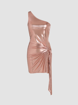 Metallic Asymmetrical Neck Solid Twist Mini Dress