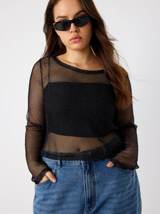 Mesh Hollow Out Solid Long Sleeve Top Curve & Plus