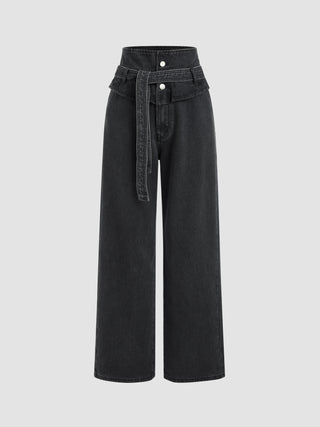 Mid Waist Button Wide Leg Jeans With Belt