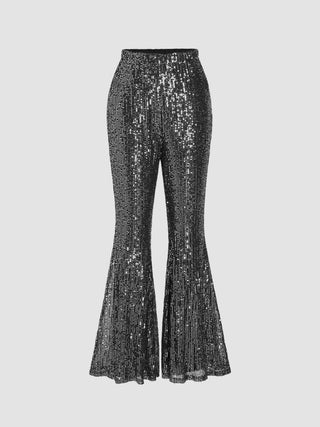 Sequins High Waist Solid Flared Trousers