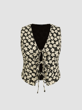 Jacquard V-neck Floral Knotted Vest Curve & Plus