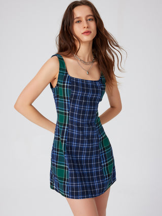 Square Neck Check Cami Mini Dress