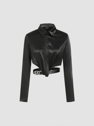 Satin Collar Solid Cut Out Crop Long Sleeve Blouse With Belt