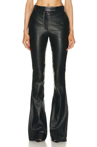 Faux Leather Mid Waist Solid Pocket Flared Trousers