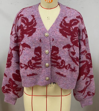 Wool-blend V-neck Floral Button Cardigan