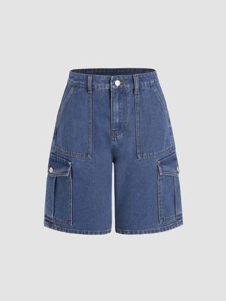 Denim Mid Waist Straight Leg Cargo Bermuda Shorts