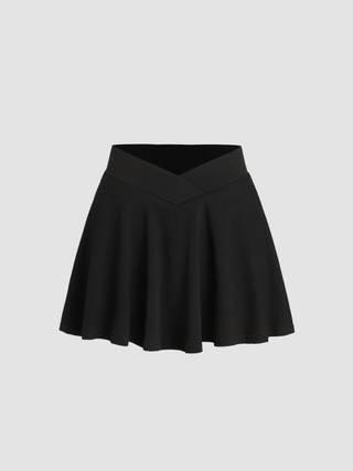 Solid V-shaped Waist Ruffle Skort