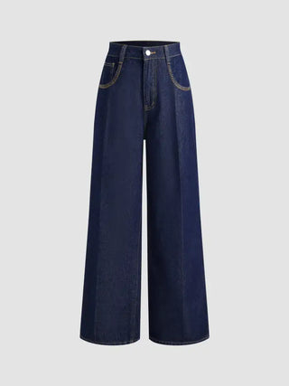 Denim High Waist Solid Button Wide Leg Jeans