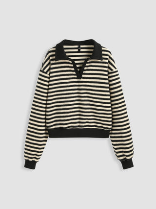 Collar Striped Long Sleeve Knit Sweater