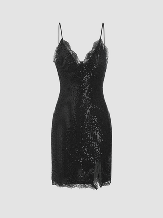 Sequin V-neck Lace Split Cami Mini Dress