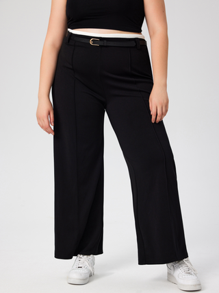 Mid Waist Solid Belted Wide Leg Trousers Curve & Plus