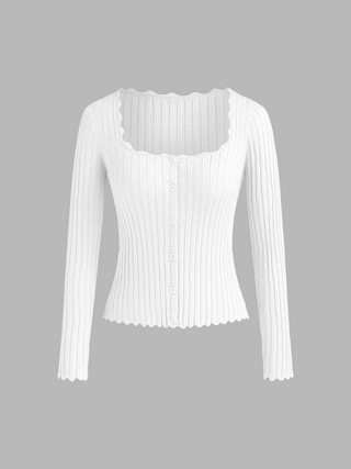 U-neck Rib Knit Button Cardigan