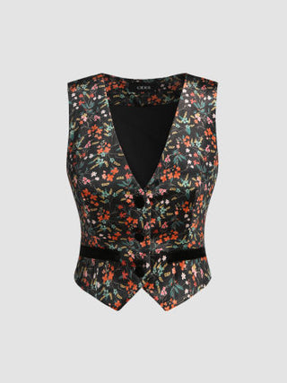 Velvet V-neck Floral Button Vest