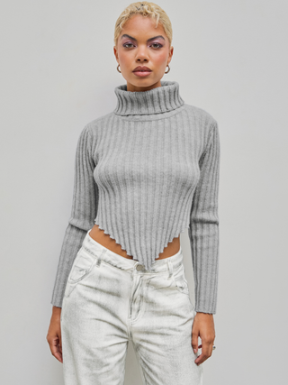 High Neck Rib Knit Long Sleeve Top