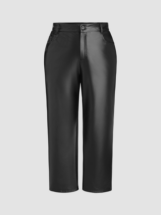 Faux Leather Middle Waist Solid Pocket Trousers Curve & Plus