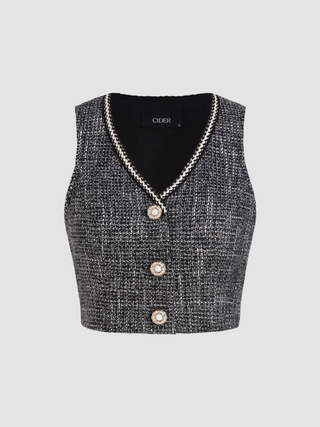 Tweed V-neck Button Crop Vest