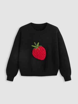 Round Neckline Strawberry Embroidered Knitted Sweater Curve & Plus