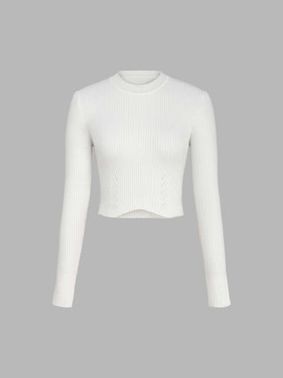 Rib Round Neck Solid Long Sleeve Crop Top