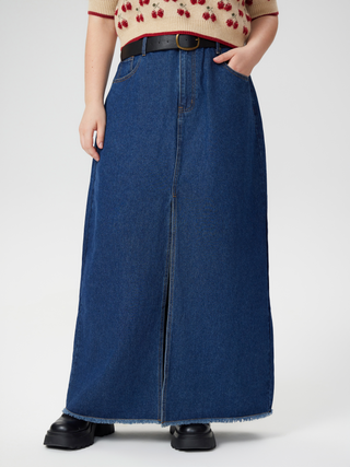 Denim Mid Waist Split Maxi Skirt With Belt Curve & Plus