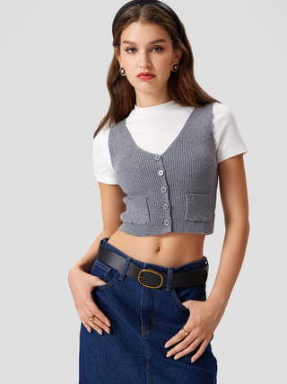 V-neck Solid Button Knitted Crop Vest