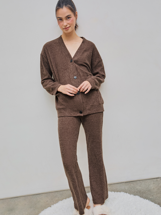 V-neck Button Top & High Waist Flared Trousers Loungewear Set